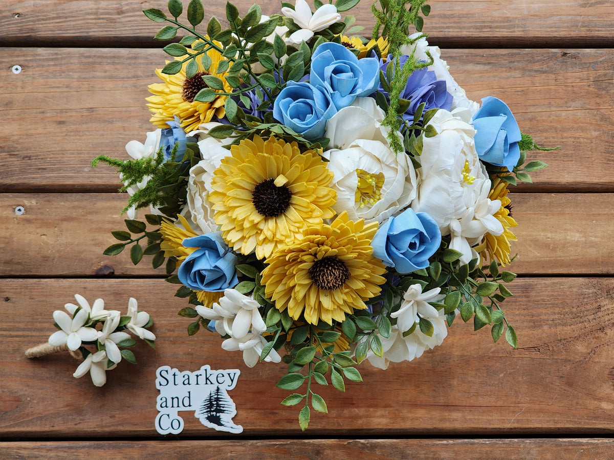 Sola Wood Flower Wedding Bouquet: Ivory, Yellow & Blue with Boutonniere. Sola Wood Flower Brides Bouquet and Grooms Boutonniere