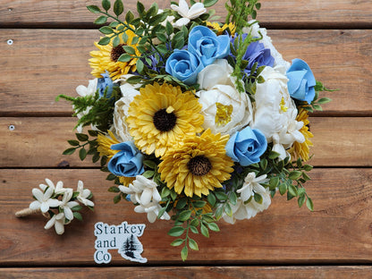 Sola Wood Flower Wedding Bouquet: Ivory, Yellow & Blue with Boutonniere. Sola Wood Flower Brides Bouquet and Grooms Boutonniere