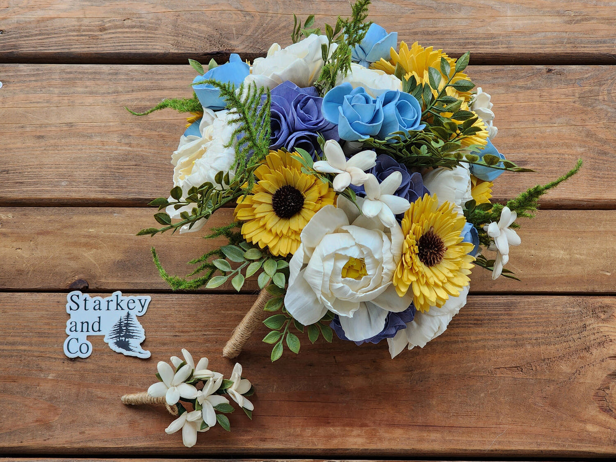 Sola Wood Flower Wedding Bouquet: Ivory, Yellow & Blue with Boutonniere. Sola Wood Flower Brides Bouquet and Grooms Boutonniere