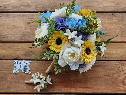 Sola Wood Flower Wedding Bouquet: Ivory, Yellow & Blue with Boutonniere. Sola Wood Flower Brides Bouquet and Grooms Boutonniere