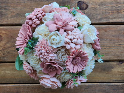 Ivory & Pink Sola Wood Flower Wedding Bouquet with Boutonniere