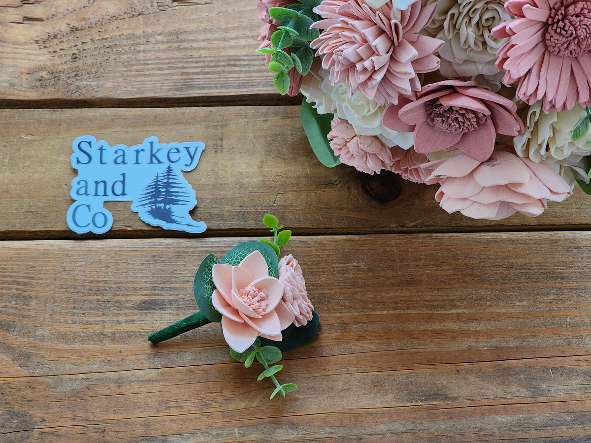 Ivory & Pink Sola Wood Flower Wedding Bouquet with Boutonniere