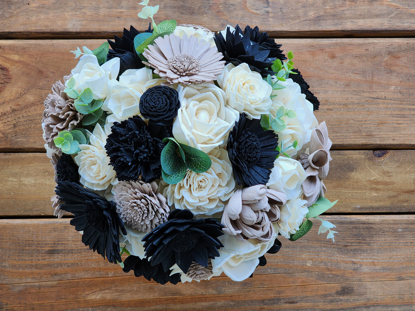 Ivory, Black & Beige Sola Wood Flower Wedding Bouquet with Boutonniere. Sola Wood Flower Brides Bouquet and Grooms Boutonniere