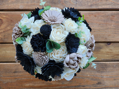 Ivory, Black & Beige Sola Wood Flower Wedding Bouquet with Boutonniere. Sola Wood Flower Brides Bouquet and Grooms Boutonniere