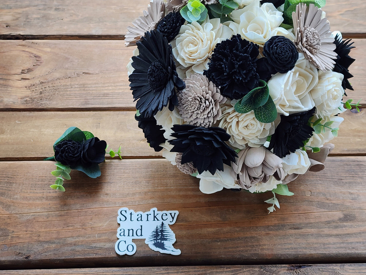 Ivory, Black & Beige Sola Wood Flower Wedding Bouquet with Boutonniere. Sola Wood Flower Brides Bouquet and Grooms Boutonniere