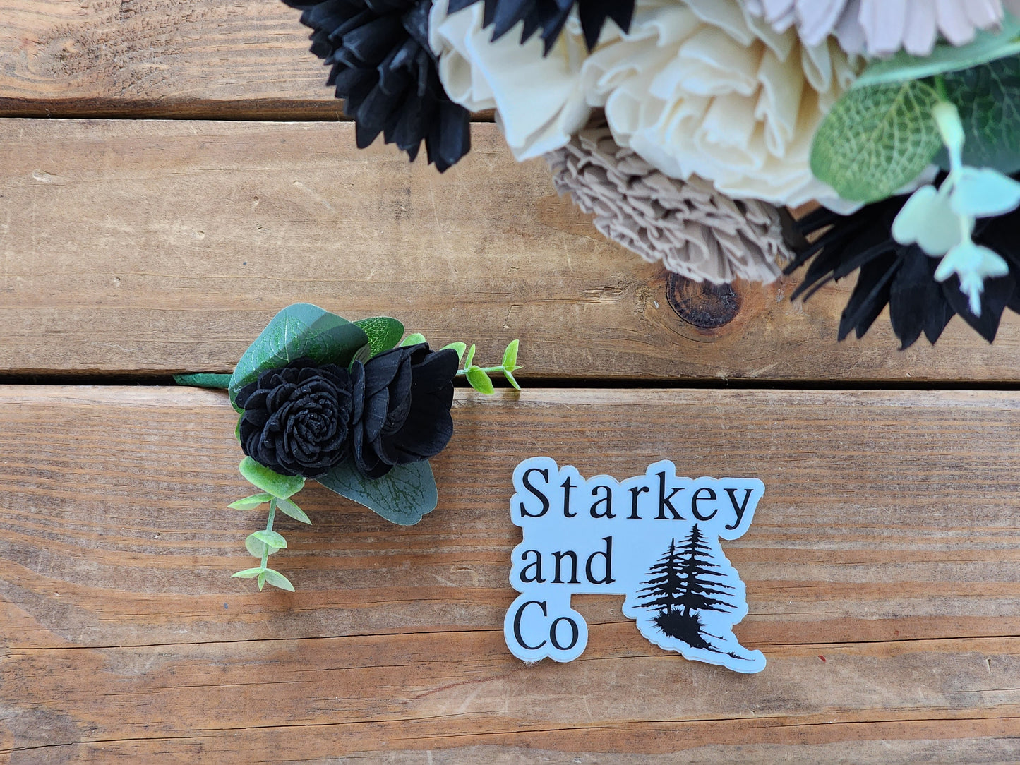 Ivory, Black & Beige Sola Wood Flower Wedding Bouquet with Boutonniere. Sola Wood Flower Brides Bouquet and Grooms Boutonniere