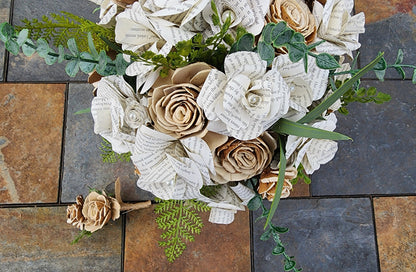 Literary Wedding Bouquet: Book & Sola Wood Flowers, Rustic Bridal Bouquet. Book and Sola Wood Flower Brides Bouquet and Grooms Boutonniere