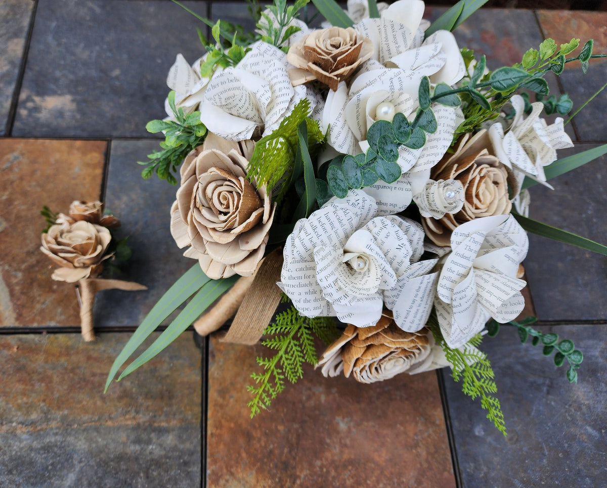Literary Wedding Bouquet: Book & Sola Wood Flowers, Rustic Bridal Bouquet. Book and Sola Wood Flower Brides Bouquet and Grooms Boutonniere