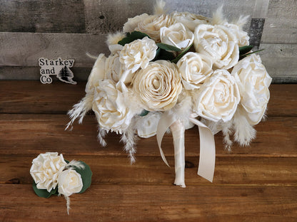 Sola Wood Flower Wedding Bouquet accented with Dried Pompas Grass and Boutonniere. Ivory Wood Flower Brides Bouquet and Grooms Boutonniere