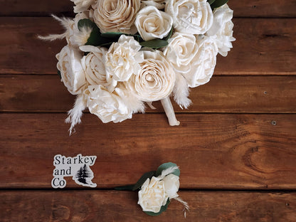 Sola Wood Flower Wedding Bouquet accented with Dried Pompas Grass and Boutonniere. Ivory Wood Flower Brides Bouquet and Grooms Boutonniere