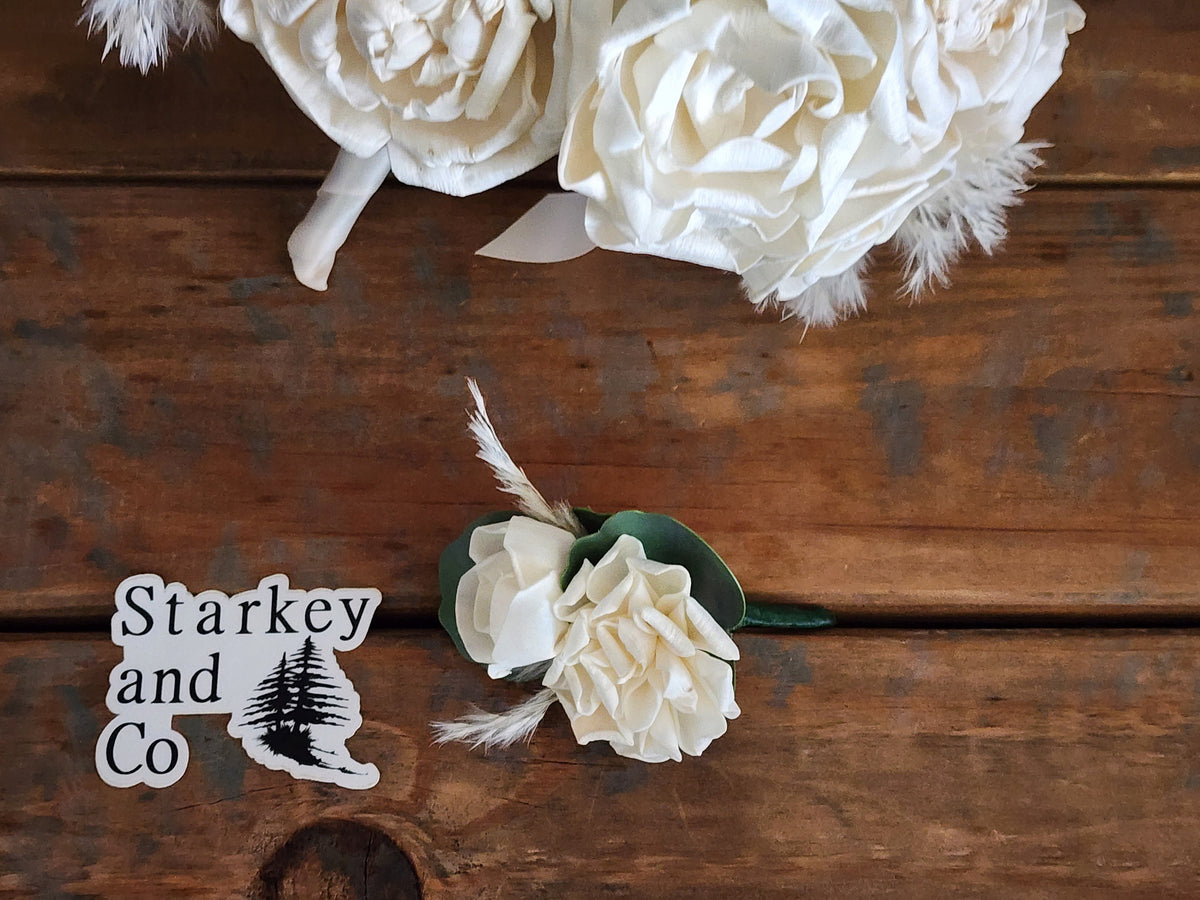 Sola Wood Flower Wedding Bouquet accented with Dried Pompas Grass and Boutonniere. Ivory Wood Flower Brides Bouquet and Grooms Boutonniere