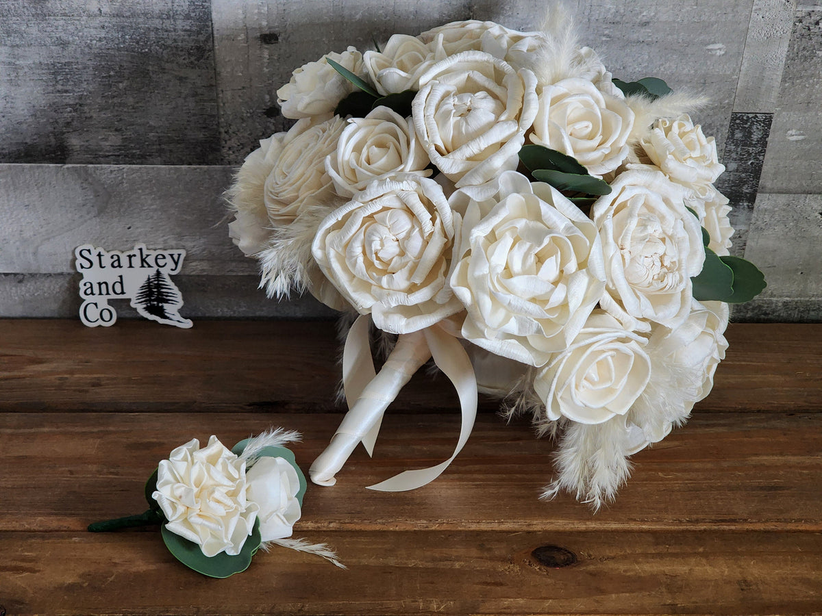Sola Wood Flower Wedding Bouquet accented with Dried Pompas Grass and Boutonniere. Ivory Wood Flower Brides Bouquet and Grooms Boutonniere