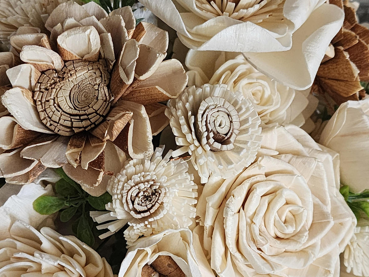 Rustic Country Wedding Bouquet with Matching Boutonniere, Ivory Tan Brown Wood Flowers, Farmhouse Bridal Bouquet, Country Chic Wedding