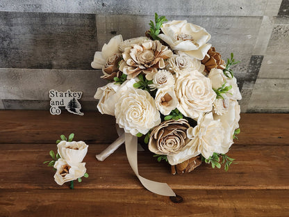 Rustic Country Wedding Bouquet with Matching Boutonniere, Ivory Tan Brown Wood Flowers, Farmhouse Bridal Bouquet, Country Chic Wedding