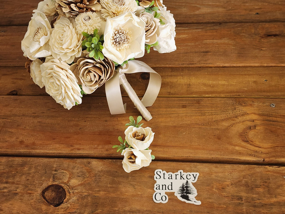 Rustic Country Wedding Bouquet with Matching Boutonniere, Ivory Tan Brown Wood Flowers, Farmhouse Bridal Bouquet, Country Chic Wedding
