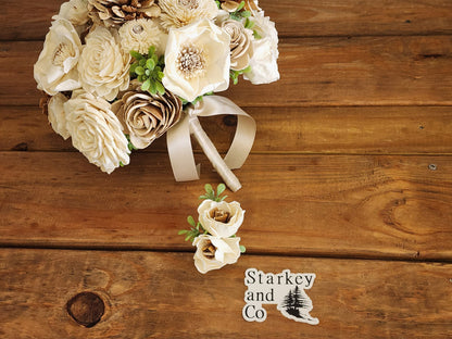 Rustic Country Wedding Bouquet with Matching Boutonniere, Ivory Tan Brown Wood Flowers, Farmhouse Bridal Bouquet, Country Chic Wedding