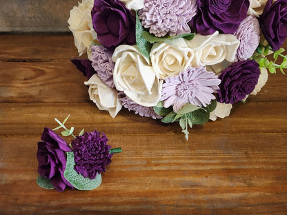 Ivory & Purple Sola Wood Flower Wedding Bouquet with Boutonniere. Sola Wood Flower Brides Bouquet and Grooms Boutonniere