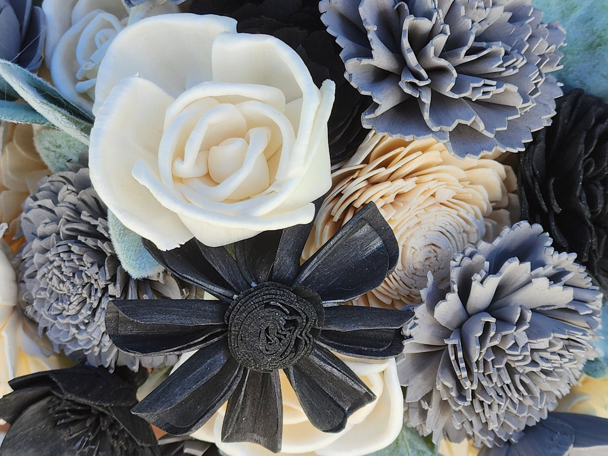 Ivory, Black & Gray Sola Wood Flower Wedding Bouquet with Boutonniere