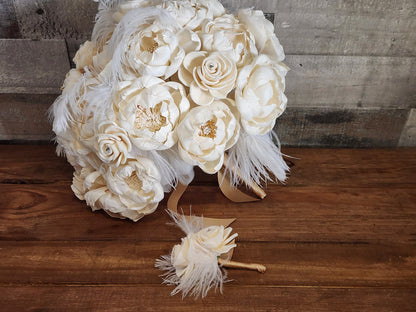 Ivory Sola Wood Flower Wedding Bouquet: Gold Brooches & Feathers. Sola Wood Flower Brides Bouquet and Grooms Boutonniere