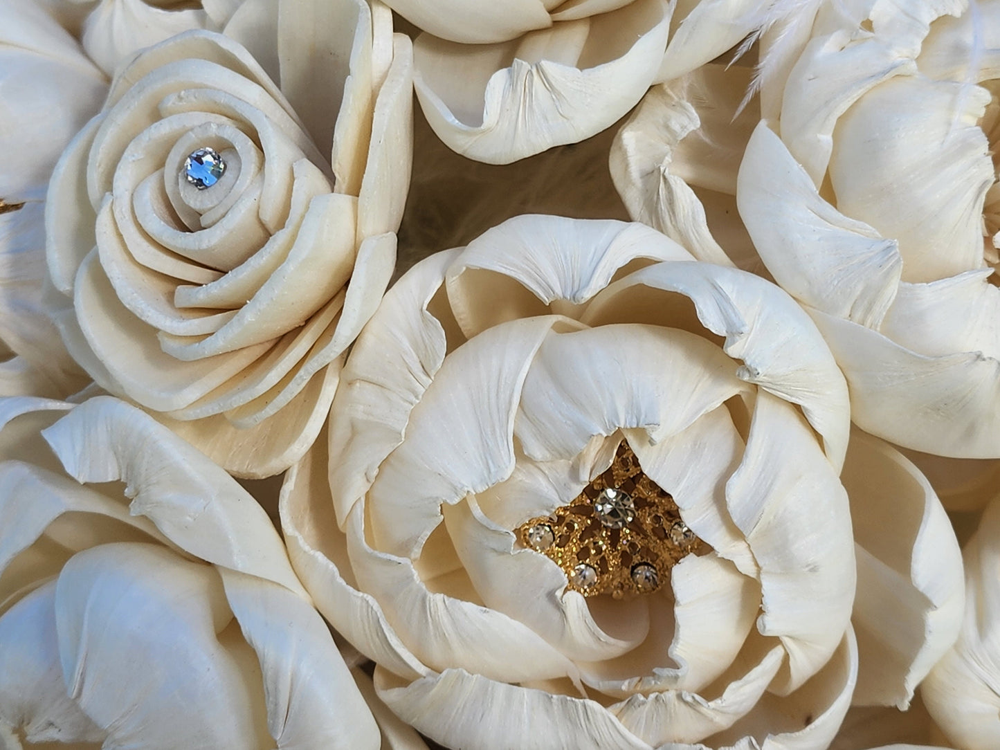 Ivory Sola Wood Flower Wedding Bouquet: Gold Brooches & Feathers. Sola Wood Flower Brides Bouquet and Grooms Boutonniere
