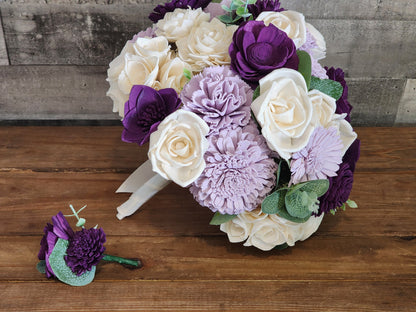 Ivory & Purple Sola Wood Flower Wedding Bouquet with Boutonniere. Sola Wood Flower Brides Bouquet and Grooms Boutonniere
