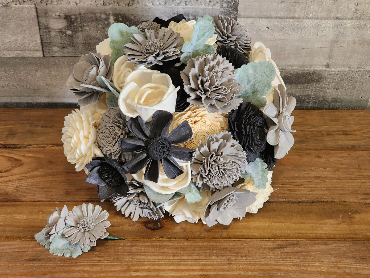 Ivory, Black & Gray Sola Wood Flower Wedding Bouquet with Boutonniere