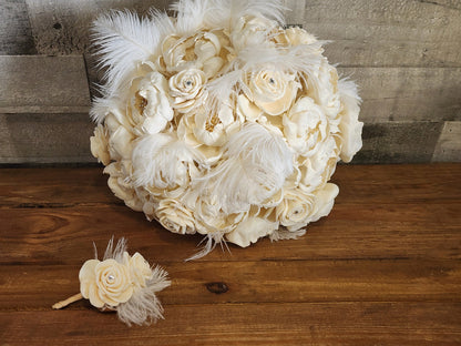 Ivory Sola Wood Flower Wedding Bouquet: Gold Brooches & Feathers. Sola Wood Flower Brides Bouquet and Grooms Boutonniere