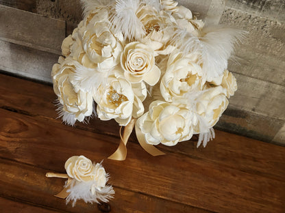 Ivory Sola Wood Flower Wedding Bouquet: Gold Brooches & Feathers. Sola Wood Flower Brides Bouquet and Grooms Boutonniere
