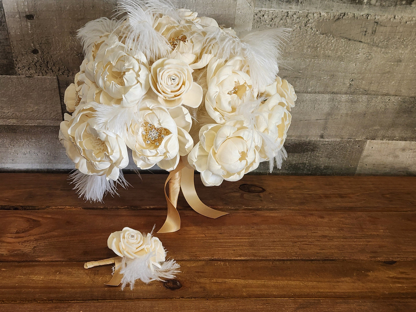 Ivory Sola Wood Flower Wedding Bouquet: Gold Brooches & Feathers. Sola Wood Flower Brides Bouquet and Grooms Boutonniere