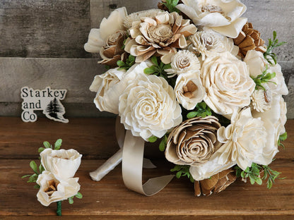 Rustic Country Wedding Bouquet with Matching Boutonniere, Ivory Tan Brown Wood Flowers, Farmhouse Bridal Bouquet, Country Chic Wedding