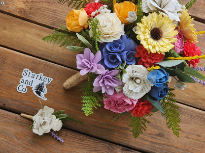 Storybook Wildflower Wedding Bouquet with Boutonniere, Colorful Wood Flower Bridal Bouquet, Fairytale Wedding Flowers, Book Page Flowers