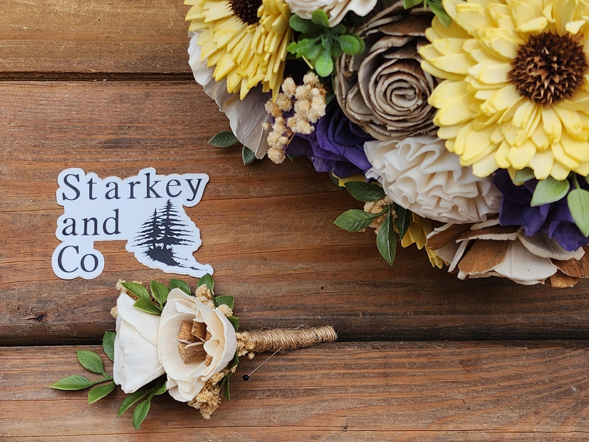 Rustic Wedding Bouquet with Boutonniere: Sola Wood Flowers, Ivory, Tan, and Purple. Sola Wood Flower Brides Bouquet and Grooms Boutonniere