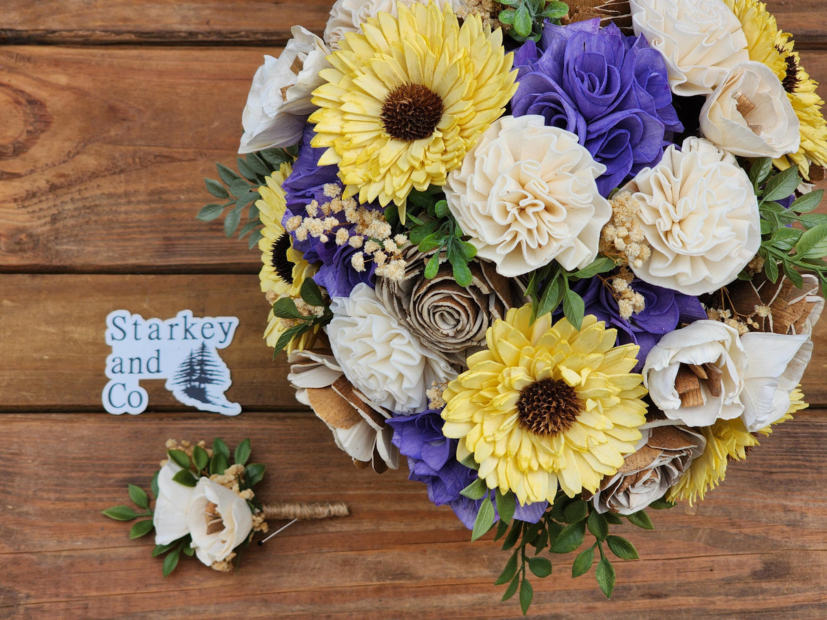 Rustic Wedding Bouquet with Boutonniere: Sola Wood Flowers, Ivory, Tan, and Purple. Sola Wood Flower Brides Bouquet and Grooms Boutonniere