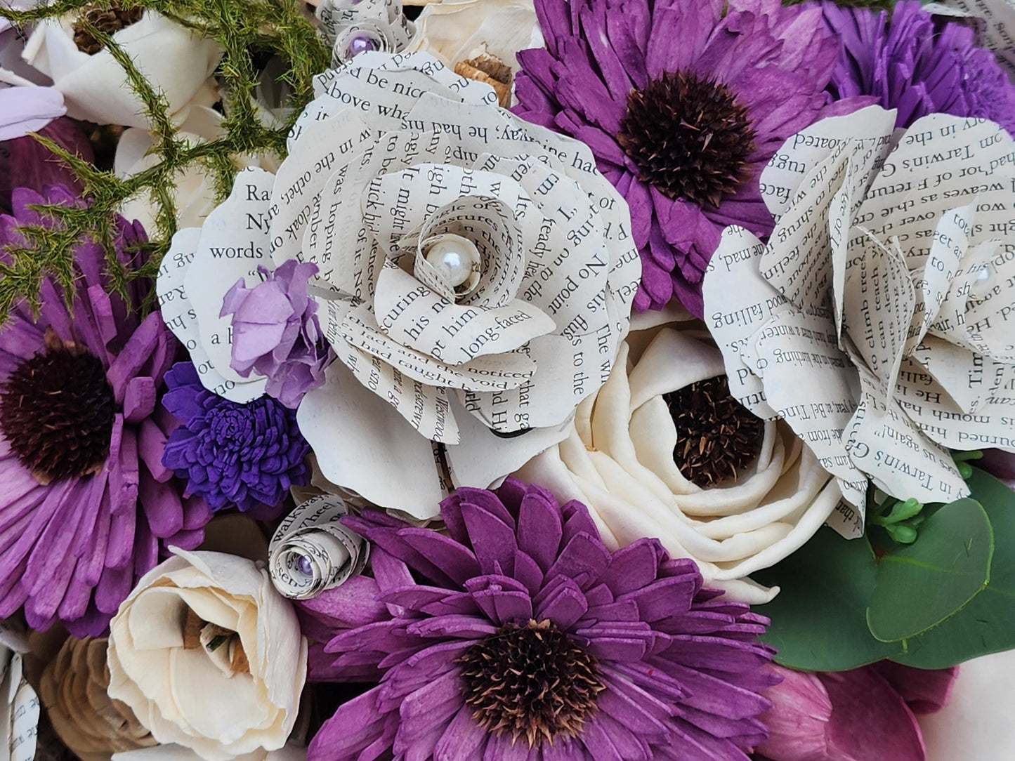 Storybook Wedding Bouquet: Ivory & Purple Sola Wood Flowers with Book Page Roses. Book and Wood Flower Brides Bouquet and Grooms Boutonniere