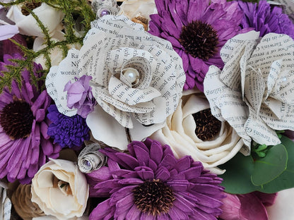 Storybook Wedding Bouquet: Ivory & Purple Sola Wood Flowers with Book Page Roses. Book and Wood Flower Brides Bouquet and Grooms Boutonniere