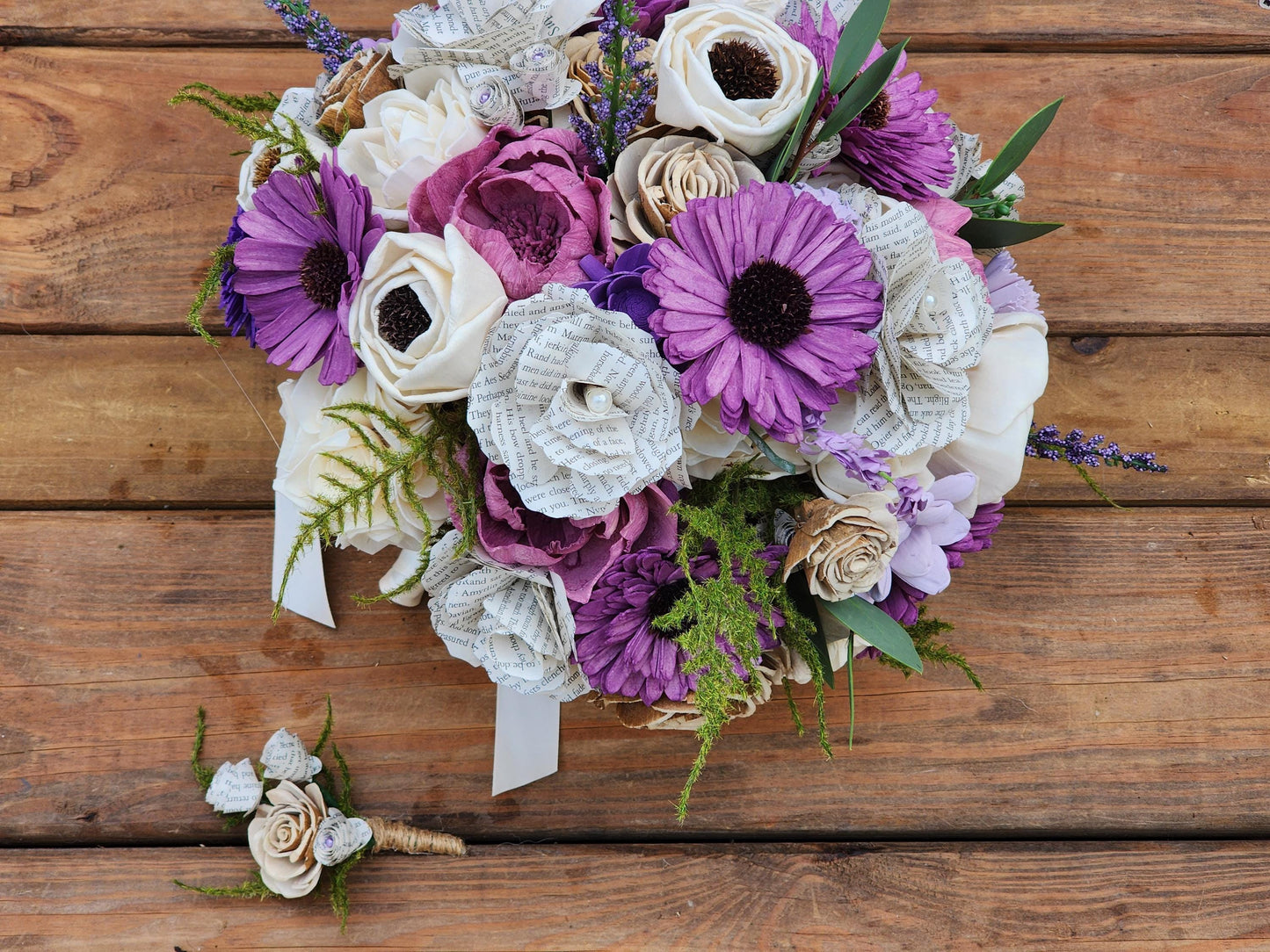 Storybook Wedding Bouquet: Ivory & Purple Sola Wood Flowers with Book Page Roses. Book and Wood Flower Brides Bouquet and Grooms Boutonniere