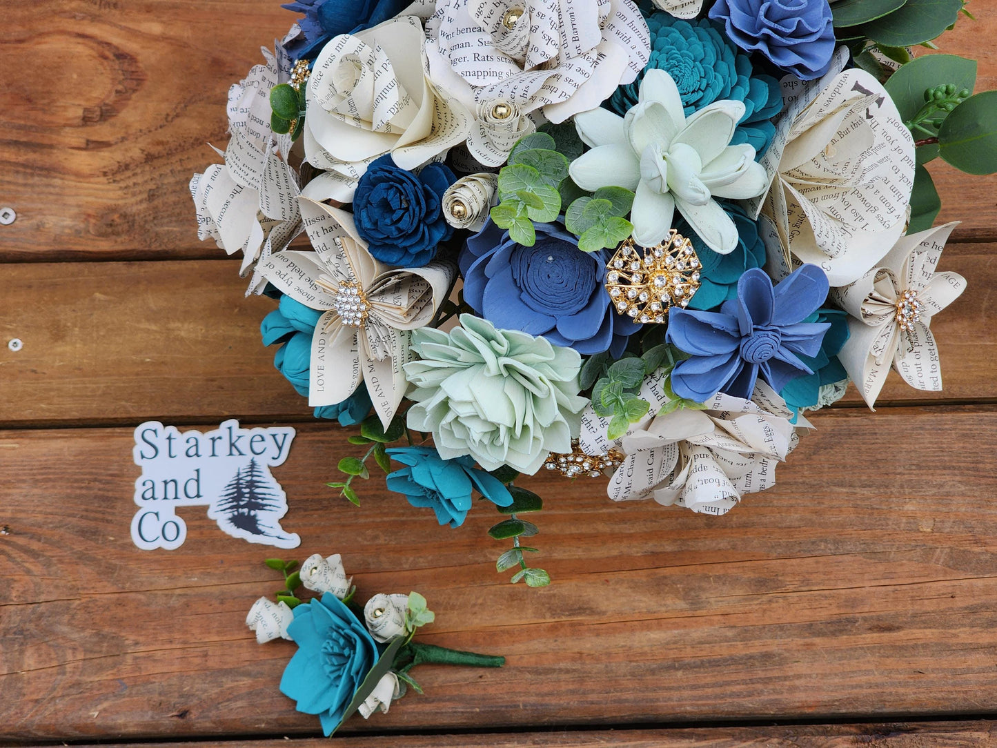 Storybook Themed Brides Bouquet accented with Rhinestone Brooches with a matching Boutonniere in Shades of Blue and Mint