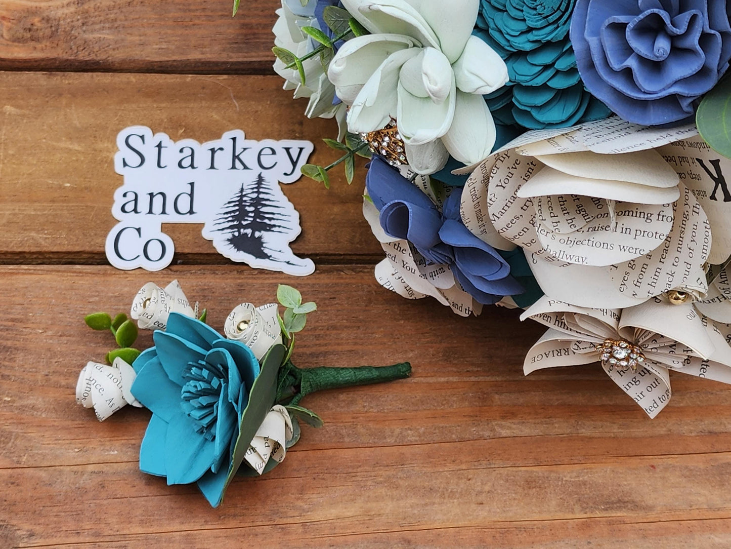 Storybook Themed Brides Bouquet accented with Rhinestone Brooches with a matching Boutonniere in Shades of Blue and Mint