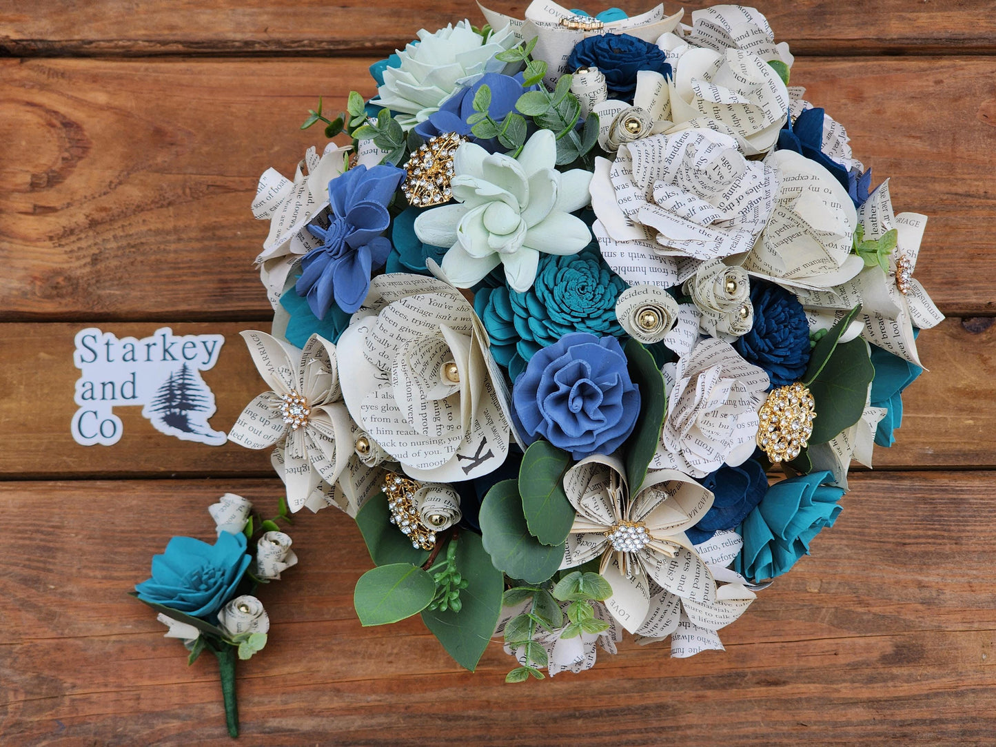 Storybook Themed Brides Bouquet accented with Rhinestone Brooches with a matching Boutonniere in Shades of Blue and Mint