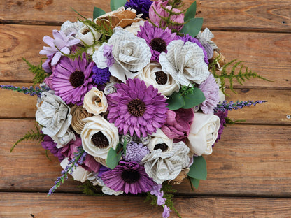 Storybook Wedding Bouquet: Ivory & Purple Sola Wood Flowers with Book Page Roses. Book and Wood Flower Brides Bouquet and Grooms Boutonniere