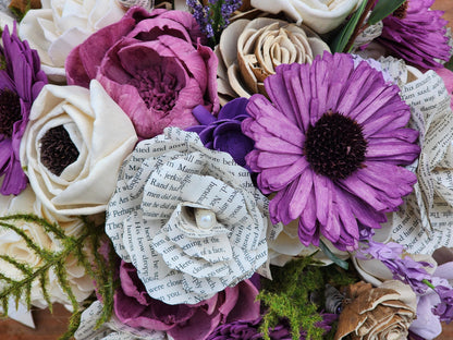 Storybook Wedding Bouquet: Ivory & Purple Sola Wood Flowers with Book Page Roses. Book and Wood Flower Brides Bouquet and Grooms Boutonniere