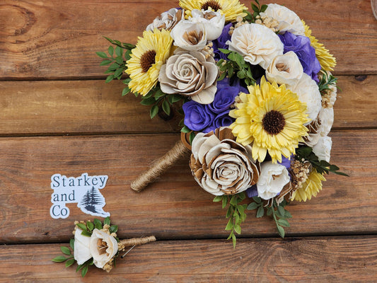 Rustic Wedding Bouquet with Boutonniere: Sola Wood Flowers, Ivory, Tan, and Purple. Sola Wood Flower Brides Bouquet and Grooms Boutonniere