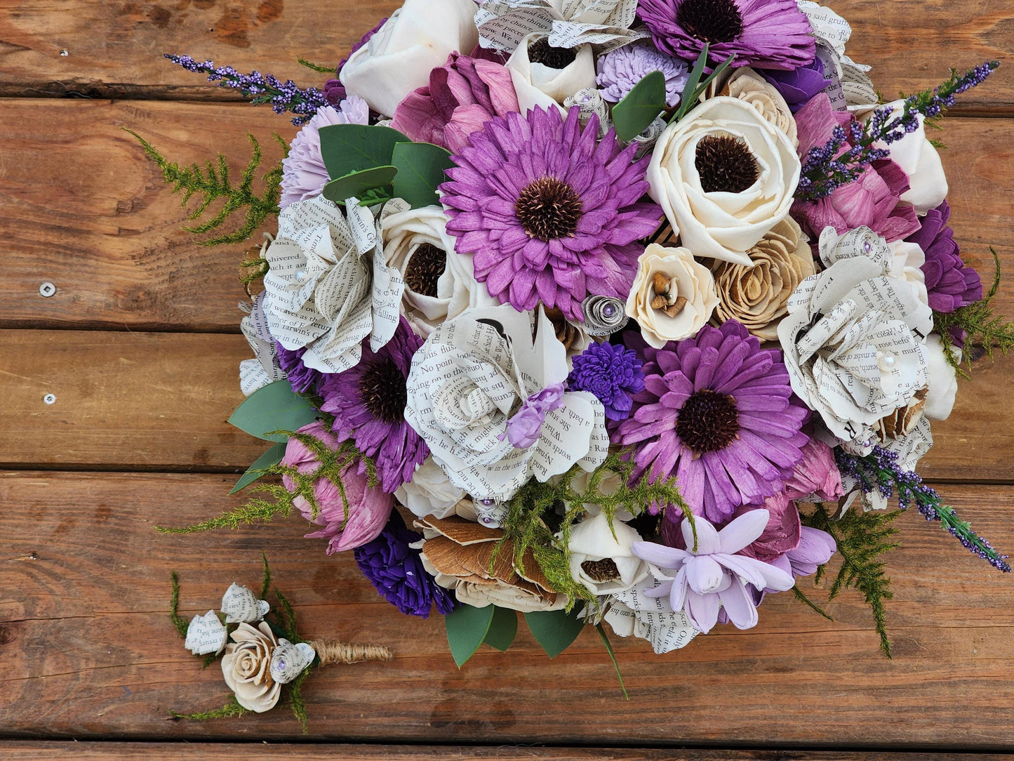 Storybook Wedding Bouquet: Ivory & Purple Sola Wood Flowers with Book Page Roses. Book and Wood Flower Brides Bouquet and Grooms Boutonniere