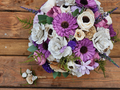 Storybook Wedding Bouquet: Ivory & Purple Sola Wood Flowers with Book Page Roses. Book and Wood Flower Brides Bouquet and Grooms Boutonniere