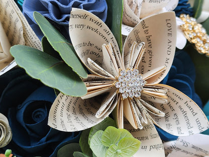 Storybook Themed Brides Bouquet accented with Rhinestone Brooches with a matching Boutonniere in Shades of Blue and Mint