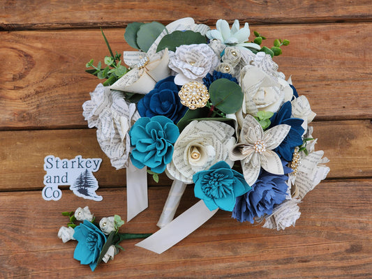 Storybook Themed Brides Bouquet accented with Rhinestone Brooches with a matching Boutonniere in Shades of Blue and Mint
