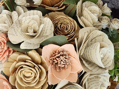 Rustic Book Page Wedding Bouquet, Blush Pink & Ivory Bridal Bouquet, Wood Flower Bouquet, Country Garden Wedding Flowers, Handmade Bouquet