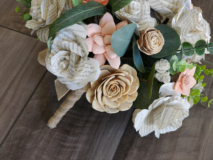Rustic Book Page Wedding Bouquet, Blush Pink & Ivory Bridal Bouquet, Wood Flower Bouquet, Country Garden Wedding Flowers, Handmade Bouquet
