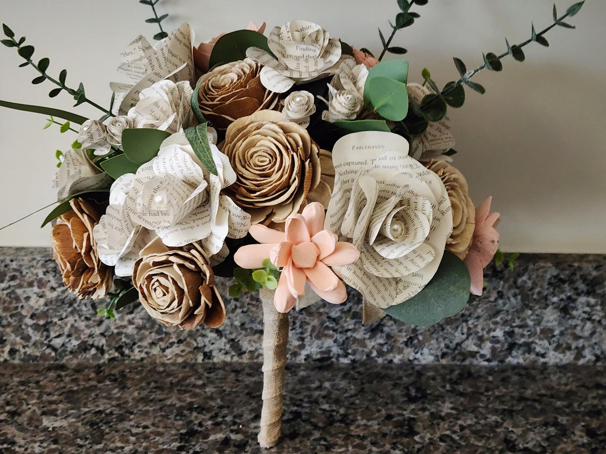Rustic Book Page Wedding Bouquet, Blush Pink & Ivory Bridal Bouquet, Wood Flower Bouquet, Country Garden Wedding Flowers, Handmade Bouquet