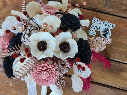 Boho Wedding Bouquet with Matching Boutonniere, Ivory Blush Pink Black Burgundy Bridal Bouquet, Wood Flower Wedding Flowers, Bridal Bouquet